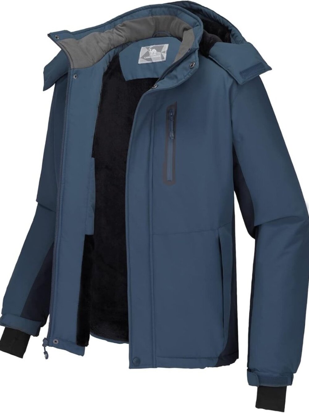 Men's Waterproof Ski Jacket with Detachable Hood, Windproof Fleece Parka for